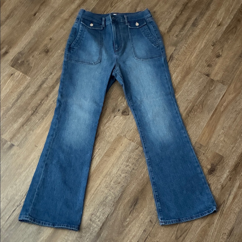 LOFT Women's Medium Blue Flare Jeans with Front Patch Pockets